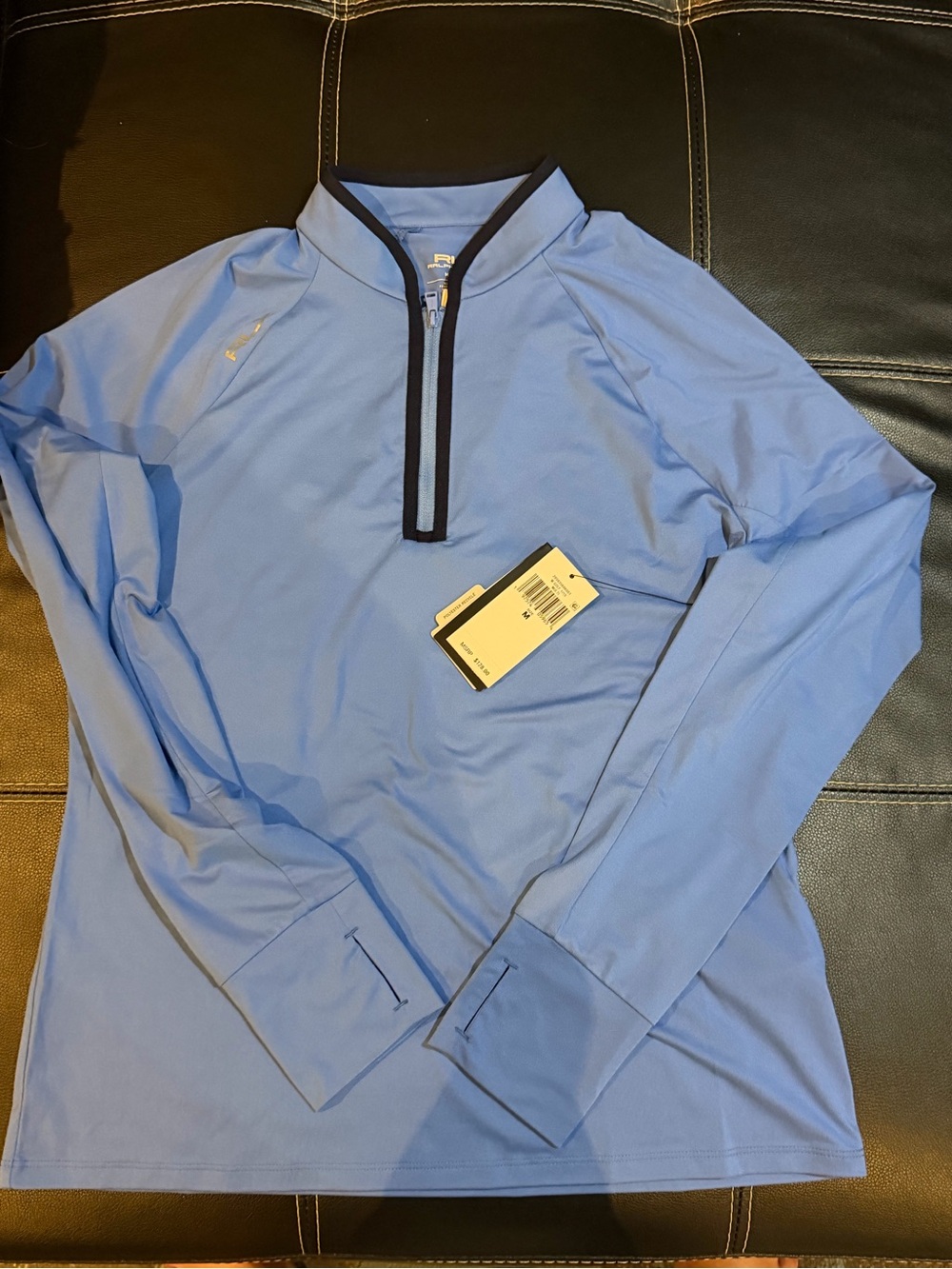 RLX Ralph Lauren Light Blue Quarter-Zip Pullover with Navy Trim $128 retail M